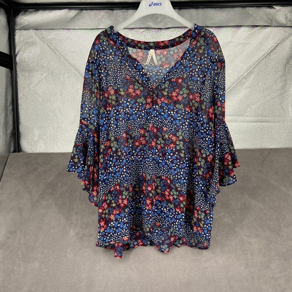 Roper Blouse Top Womens XL Blue Multi Floral V Neck Casual Flare Sleeve Pullover